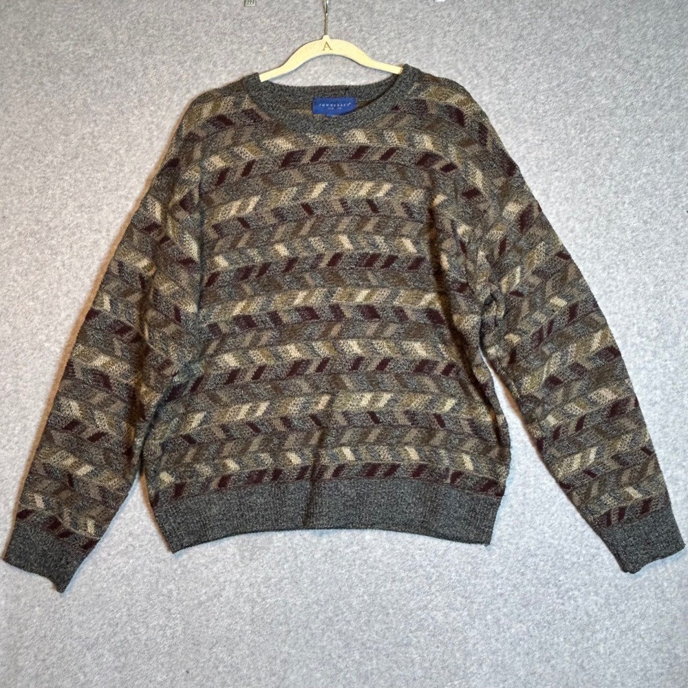 Vintage Towncraft Sweater Mens Large Grey Brown Geometric Knit Grandpacore Retro